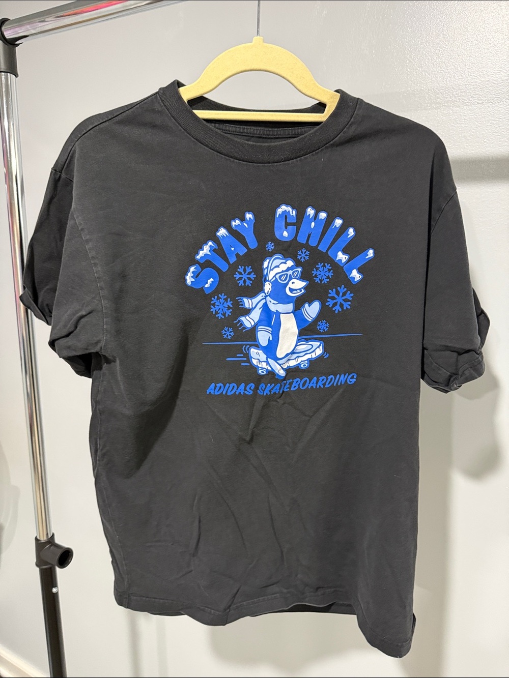 adidas Black Short Sleeve Tee with Blue 'Stay Chill' Skate Graphic